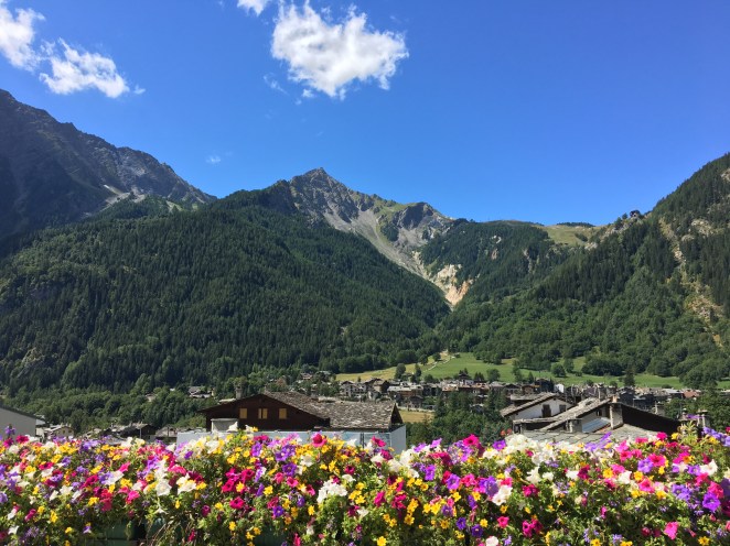 Courmayeur with Col Checroit being the dip to the right of the ridge line.